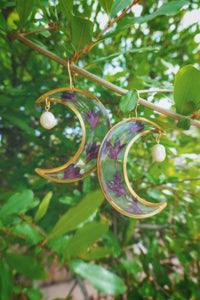 Purple Corn Flower Large Crescent
Earrings With Pearls