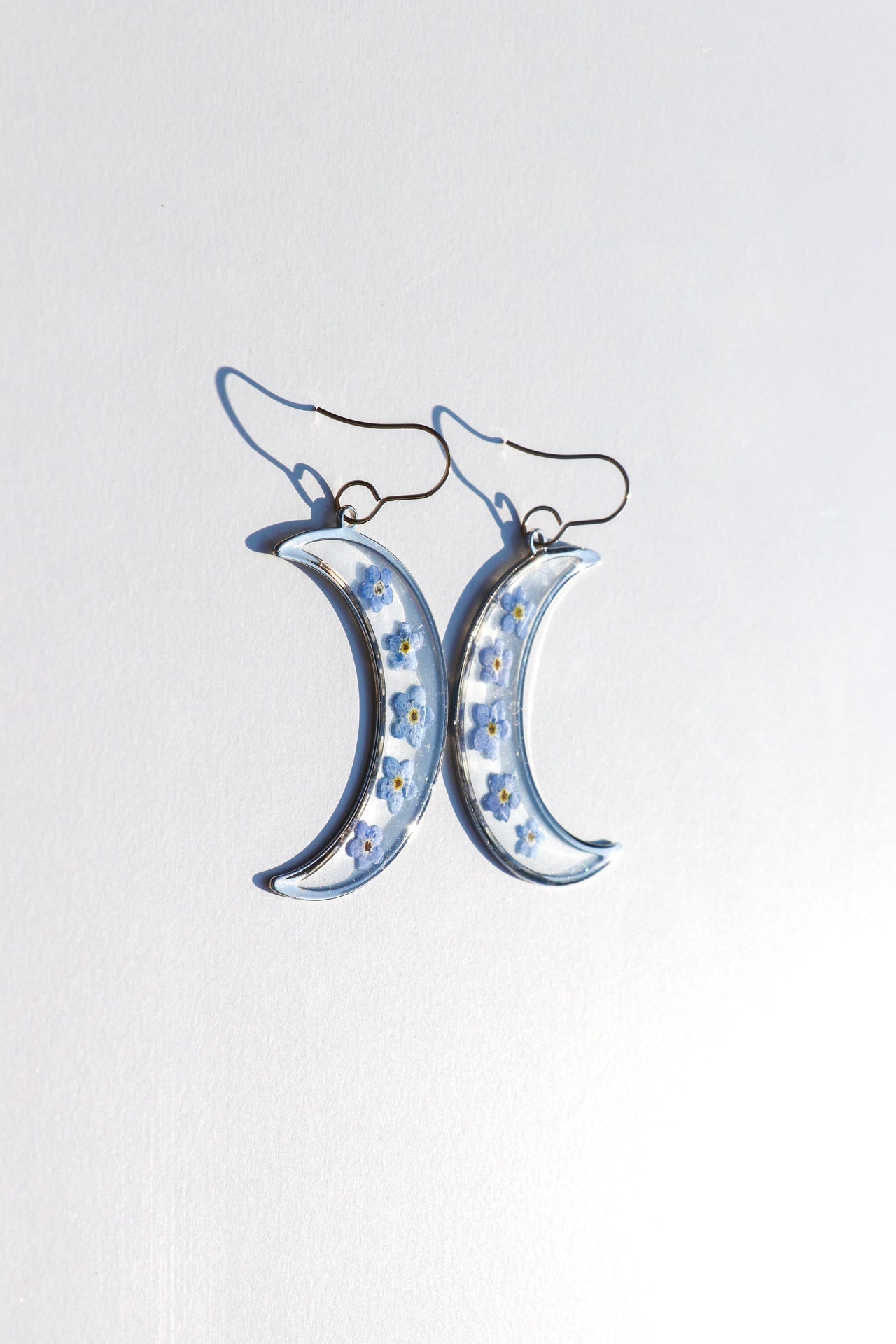 Silver Forget Me Not Moon Earrings