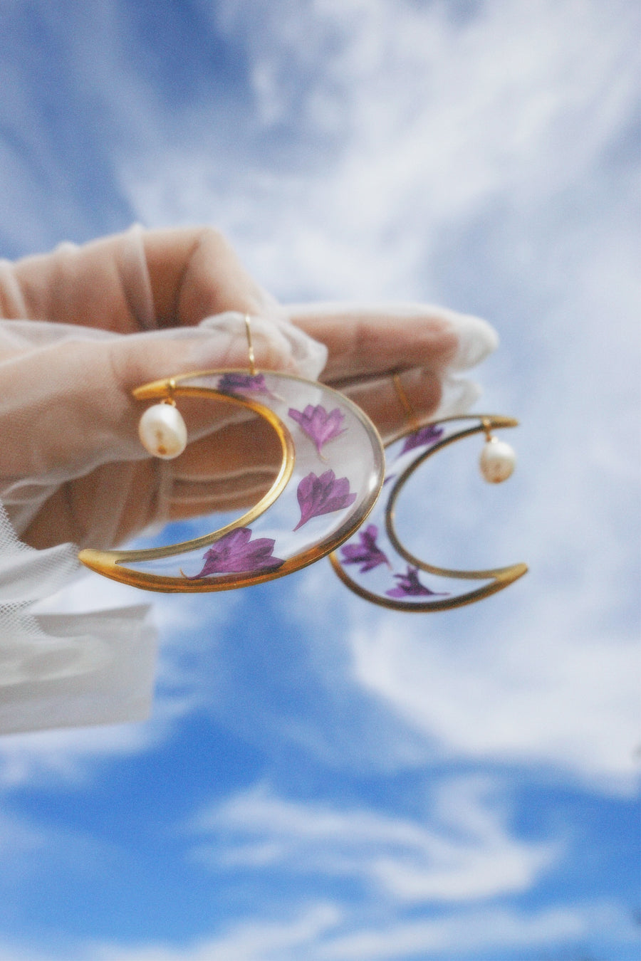 Purple Corn Flower Large Crescent
Earrings With Pearls